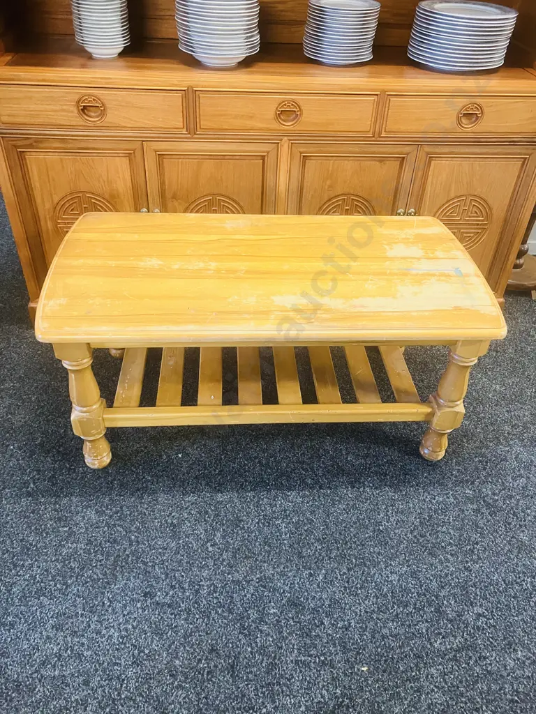 Rimu Coffee Table With Slatted Undershelf, Turned Legs (Top Rough) H45 W103 D55cm Image 1++