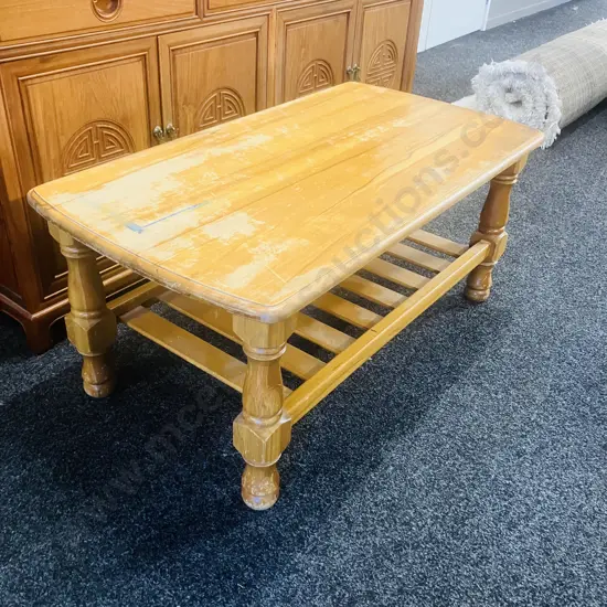 Rimu Coffee Table With Slatted Undershelf, Turned Legs (Top Rough) H45 W103 D55cm