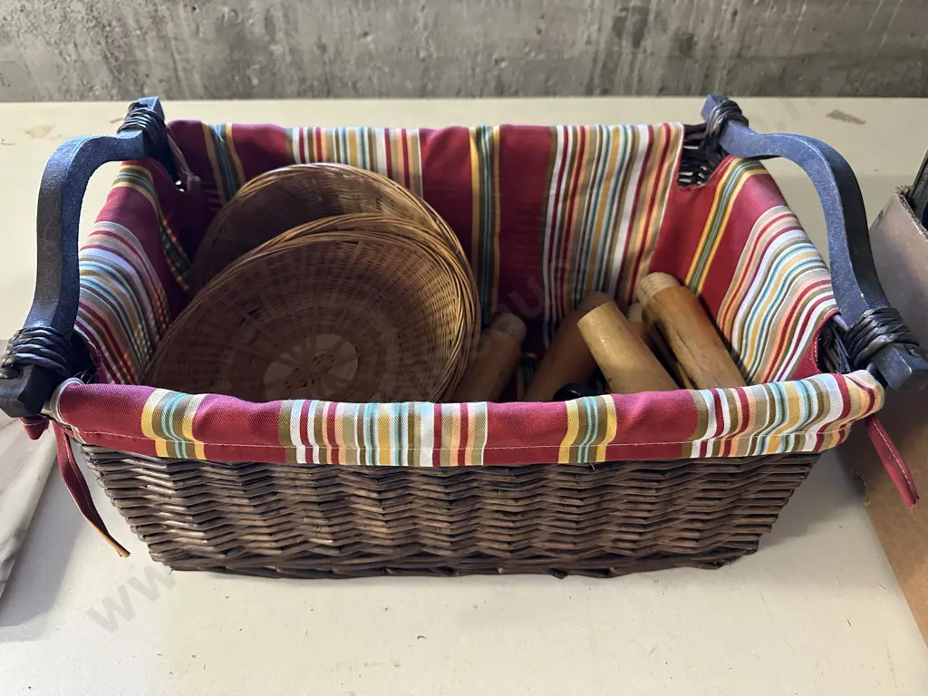 Double Handled Vintage Lined Cane Basket With Bed Legs Etc Image 1++