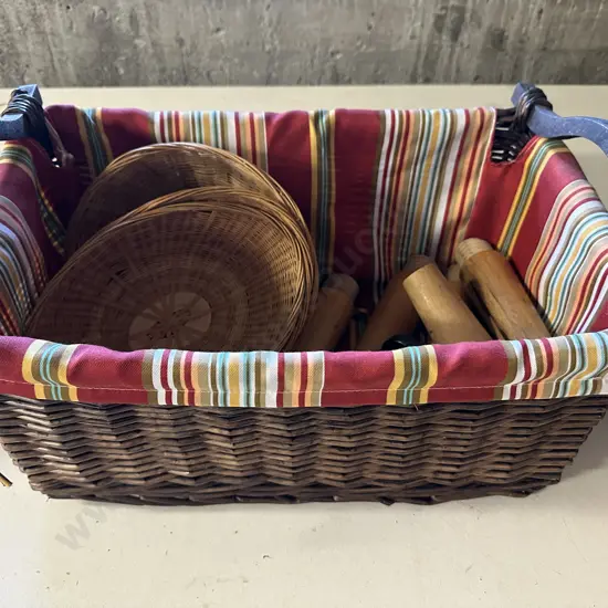 Double Handled Vintage Lined Cane Basket With Bed Legs Etc