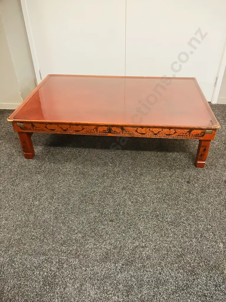 Daeyoung Crafts Namwon (Korea) Red Low Table With Carved Birds & Flowers Around Edge. H32 W81 D122cm Image 1++