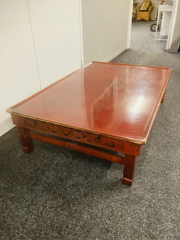 Daeyoung Crafts Namwon (Korea) Red Low Table With Carved Birds & Flowers Around Edge. H32 W81 D122cm Image 1++
