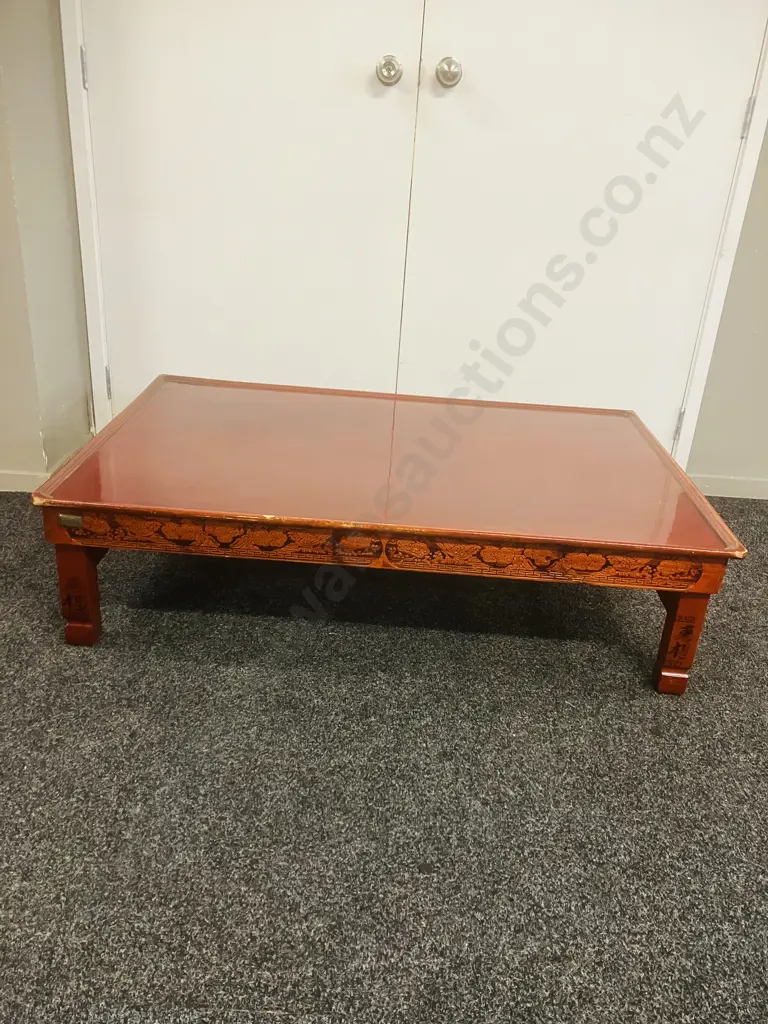 Daeyoung Crafts Namwon (Korea) Red Low Table With Carved Birds & Flowers Around Edge. H32 W81 D122cm Image 1++