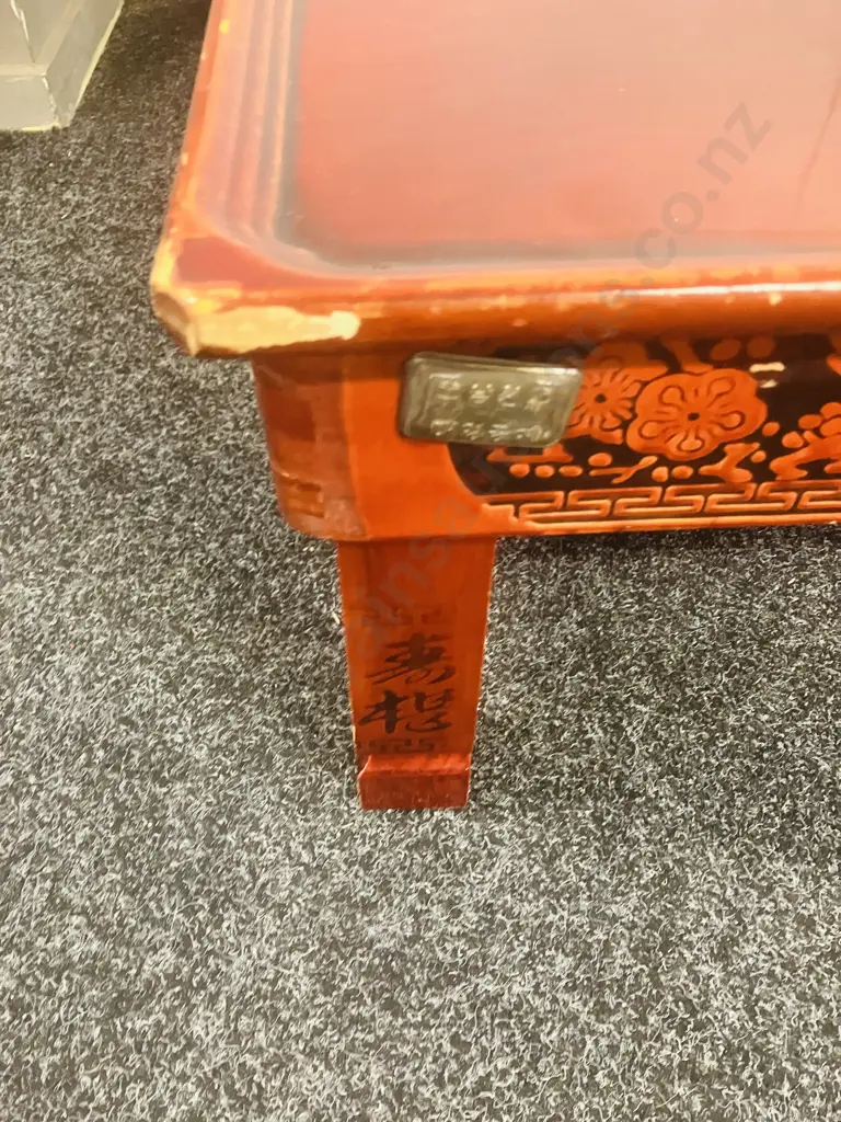 Daeyoung Crafts Namwon (Korea) Red Low Table With Carved Birds & Flowers Around Edge. H32 W81 D122cm Image 1++