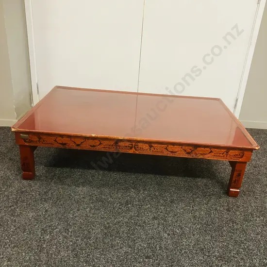 Daeyoung Crafts Namwon (Korea) Red Low Table With Carved Birds & Flowers Around Edge. H32 W81 D122cm