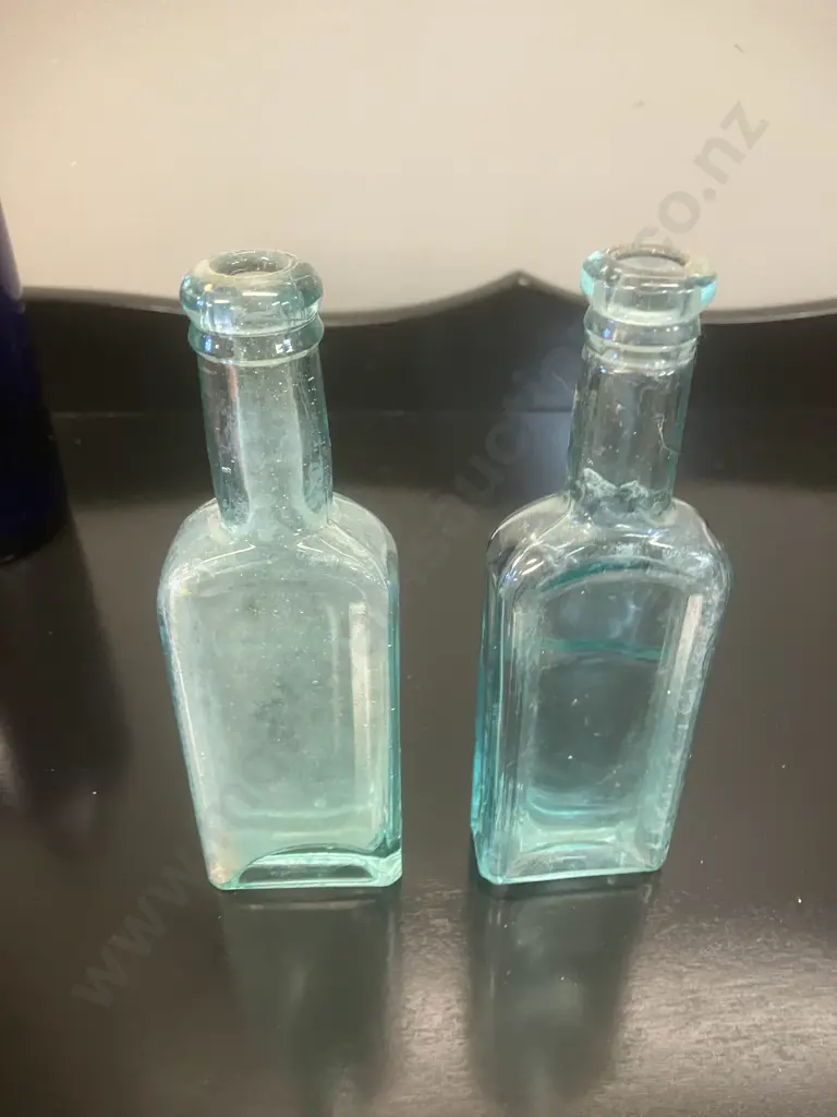 Pair of Antique DAVIS Vegetable Pain Killer Bottles, Aqua Embossed Glass Medicine Bottle Image 1++