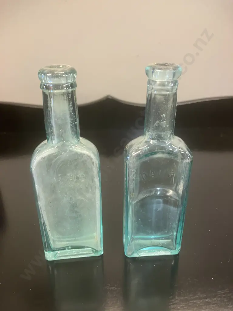 Pair of Antique DAVIS Vegetable Pain Killer Bottles, Aqua Embossed Glass Medicine Bottle Image 1++