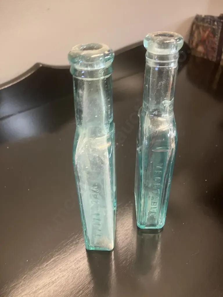 Pair of Antique DAVIS Vegetable Pain Killer Bottles, Aqua Embossed Glass Medicine Bottle Image 1++