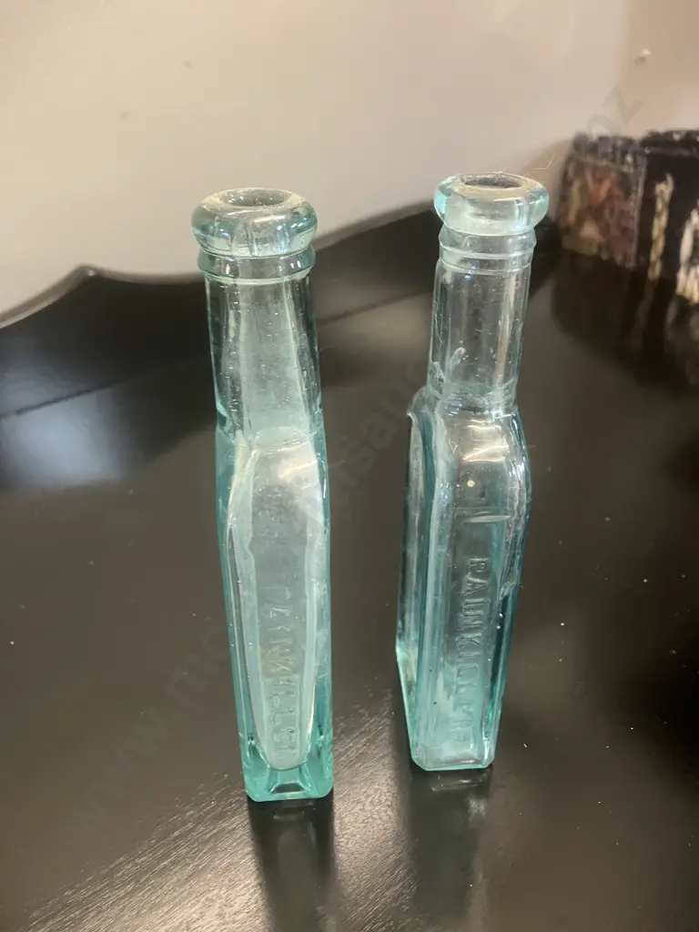 Pair of Antique DAVIS Vegetable Pain Killer Bottles, Aqua Embossed Glass Medicine Bottle Image 1++