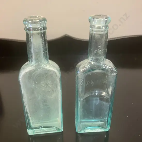 Pair of Antique DAVIS Vegetable Pain Killer Bottles, Aqua Embossed Glass Medicine Bottle