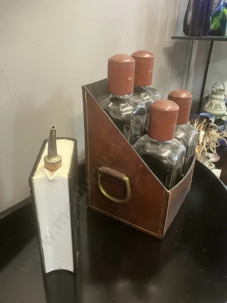 Vintage German Pottery Scotch Whisky Flask In Book Shape With Pourer & a Leather Liquor Caddy Image 1++