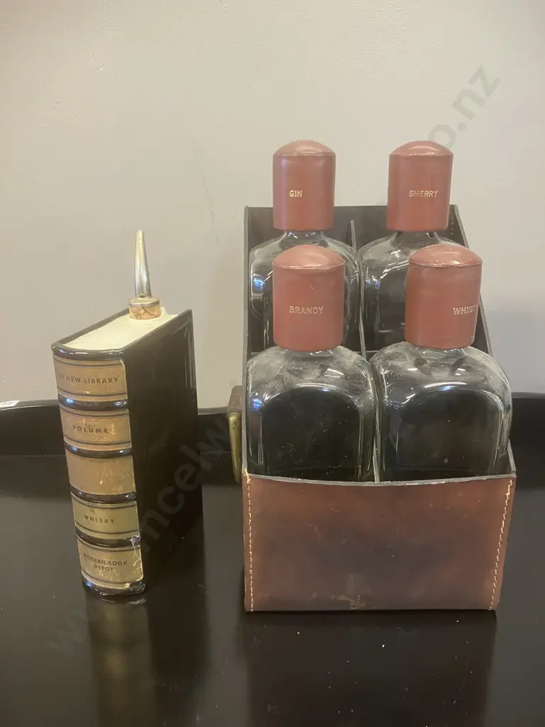 Vintage German Pottery Scotch Whisky Flask In Book Shape With Pourer & a Leather Liquor Caddy Image 1++