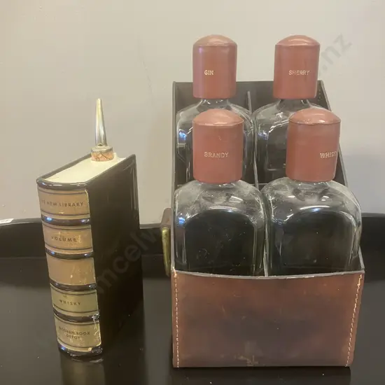Vintage German Pottery Scotch Whisky Flask In Book Shape With Pourer & a Leather Liquor Caddy