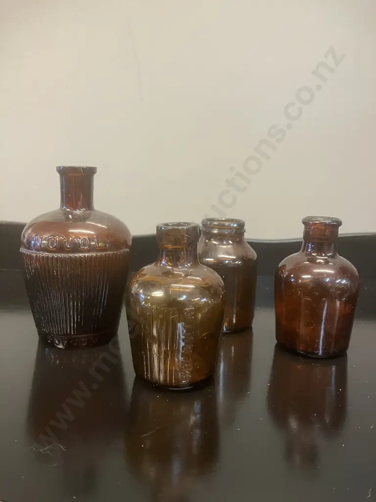 Amber Glass Poison Bottles x 4 - 'NOVOL' Poison W On Base, NZ Stamped 'Not To Be Taken', Lysol New York Etc Image 1++