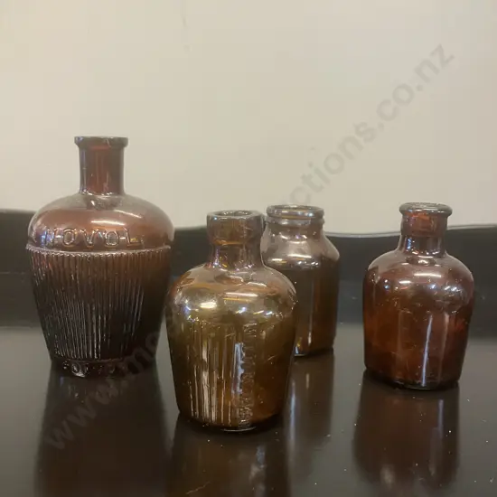 Amber Glass Poison Bottles x 4 - 'NOVOL' Poison W On Base, NZ Stamped 'Not To Be Taken', Lysol New York Etc