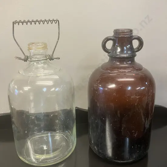 WJ Bush Melbourne Brown Glass Demijohn & Clear Glass Flagon With Woven Wire Handle