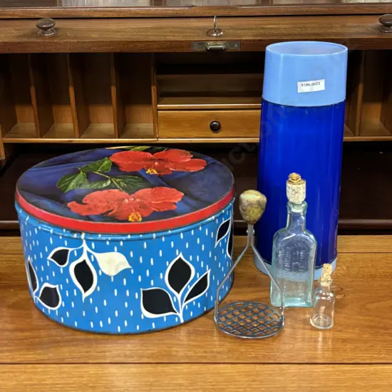 Assorted Vintage items incl Baumanns Biscuit Tin etc