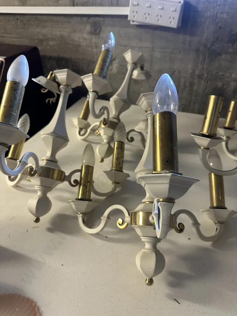 Vintage Cream & Brass Look Light Fittings - 1 x 5 Bulb & 3 x 3 Bulb Ceiling Lights & Pair of Wall Lights Image 1++