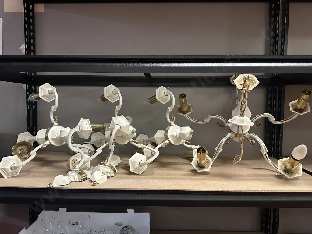Vintage Cream & Brass Look Light Fittings - 1 x 5 Bulb & 3 x 3 Bulb Ceiling Lights & Pair of Wall Lights Image 1++