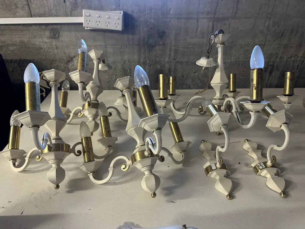 Vintage Cream & Brass Look Light Fittings - 1 x 5 Bulb & 3 x 3 Bulb Ceiling Lights & Pair of Wall Lights Image 1++