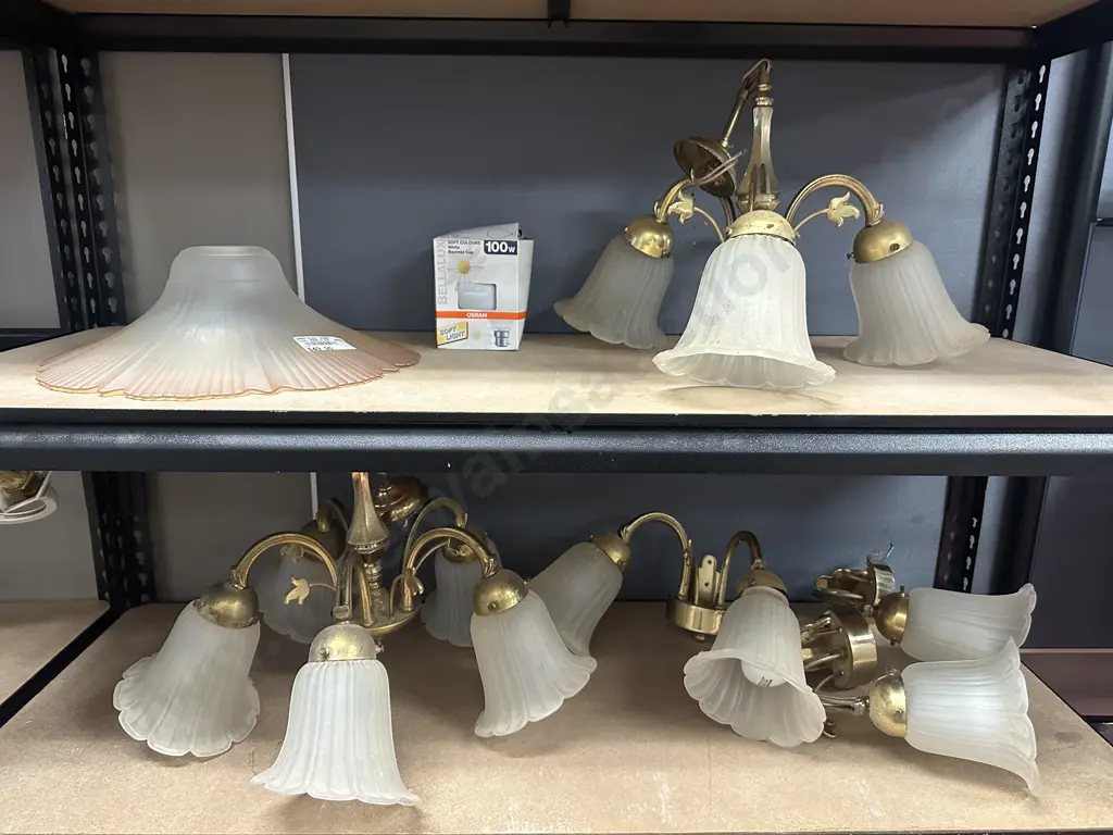 Vintage Brass & Frosted Tulip Glass Shade Lights -  5 Bulb & 3 Bulb Ceiling With 3 x Walls. Amber Glass Shade & Bulb Image 1++