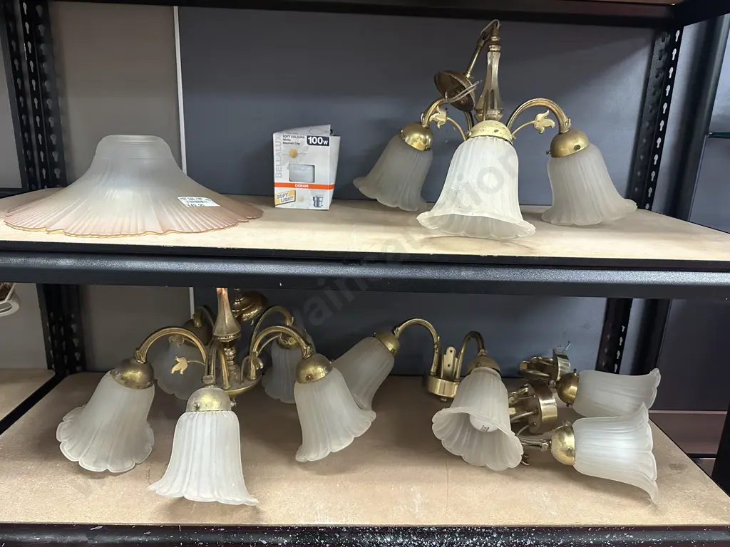 Vintage Brass & Frosted Tulip Glass Shade Lights -  5 Bulb & 3 Bulb Ceiling With 3 x Walls. Amber Glass Shade & Bulb Image 1++