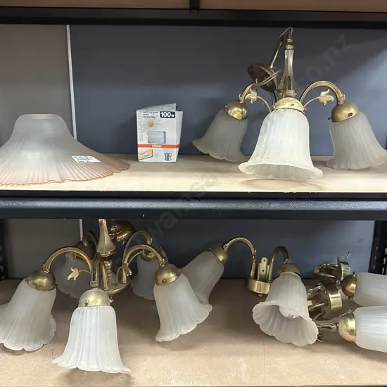 Vintage Brass & Frosted Tulip Glass Shade Lights -  5 Bulb & 3 Bulb Ceiling With 3 x Walls. Amber Glass Shade & Bulb