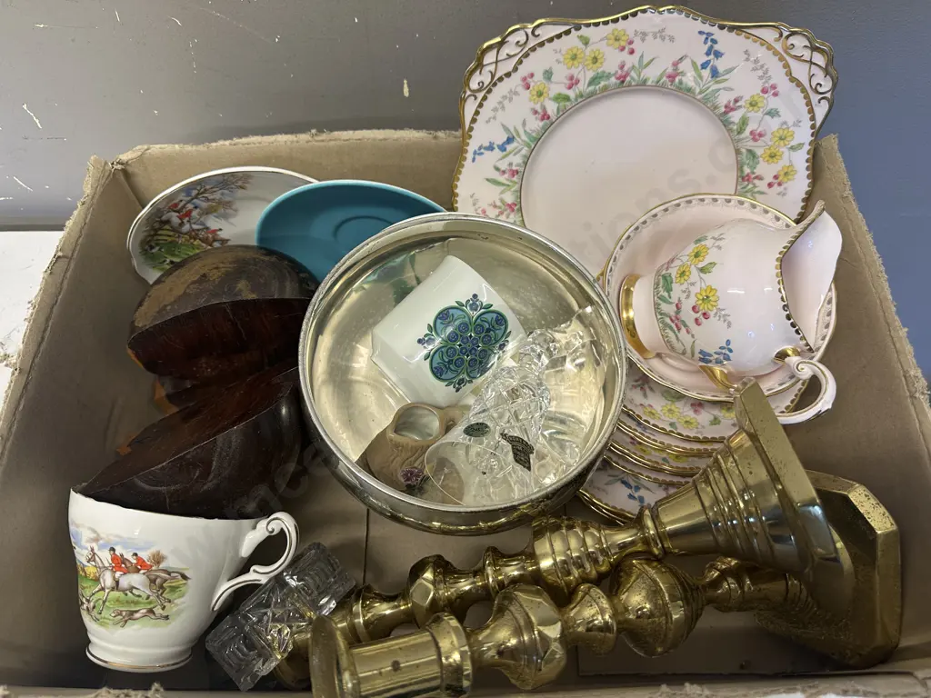 Assorted China Items Including Brass Candle Sticks, Wooden Bookends Etc Image 1++