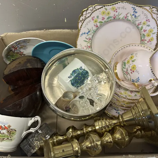 Assorted China Items Including Brass Candle Sticks, Wooden Bookends Etc