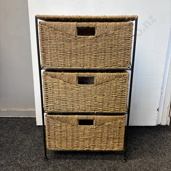 Wicker 3 drawer unit. Black metal frame. W64 W38 D30cm