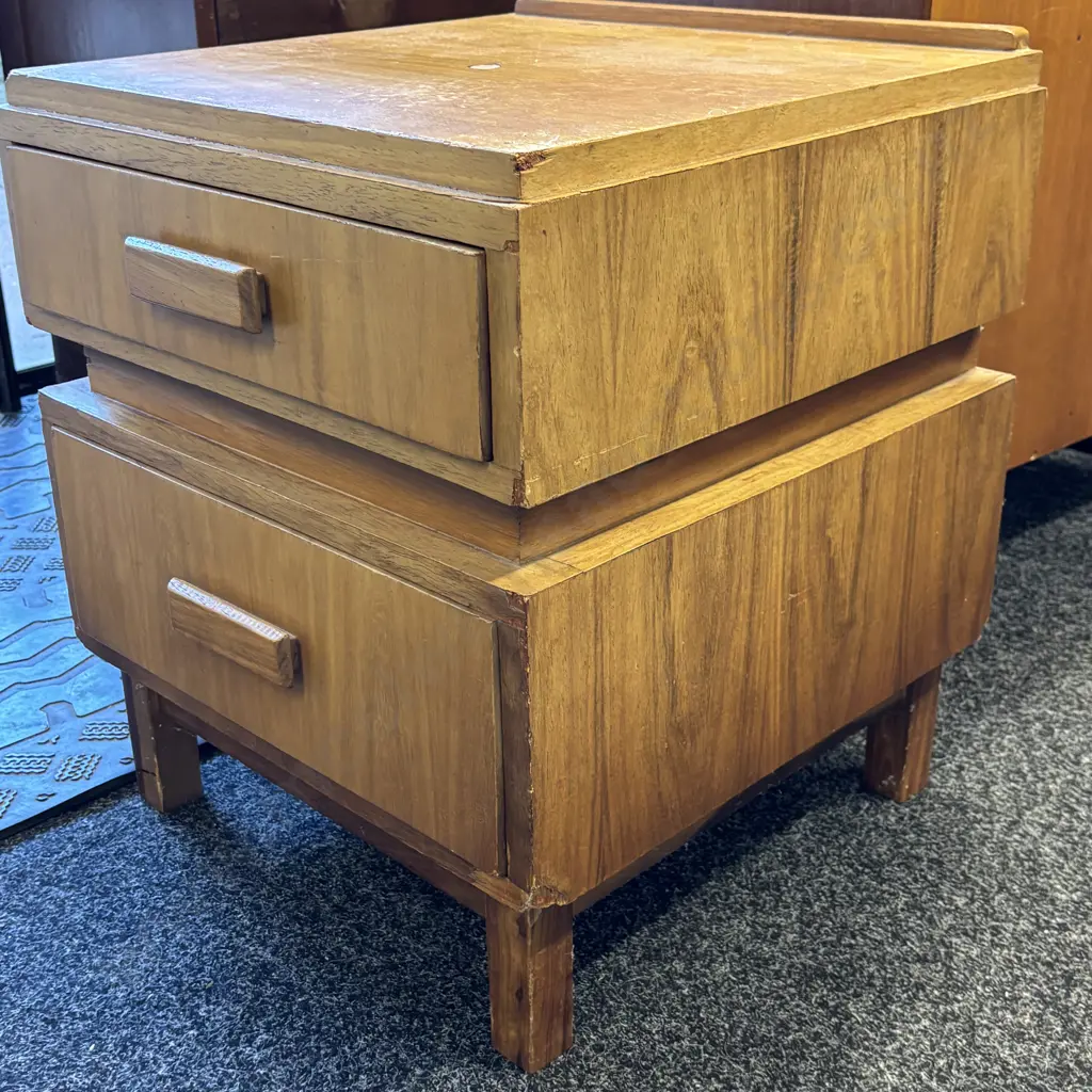 Mid Century double drawer bedside cabinet. Block handles. H53cm W46cm D48cm Image 1++