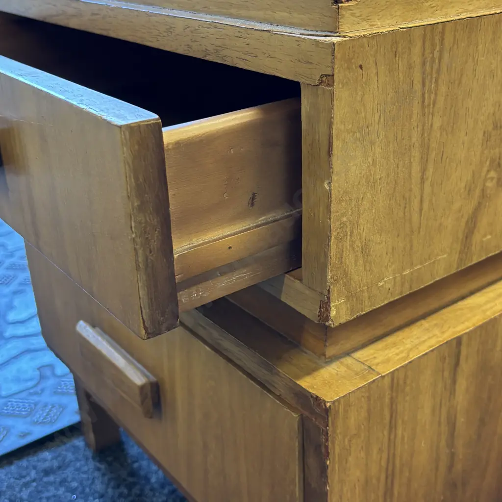 Mid Century double drawer bedside cabinet. Block handles. H53cm W46cm D48cm Image 1++