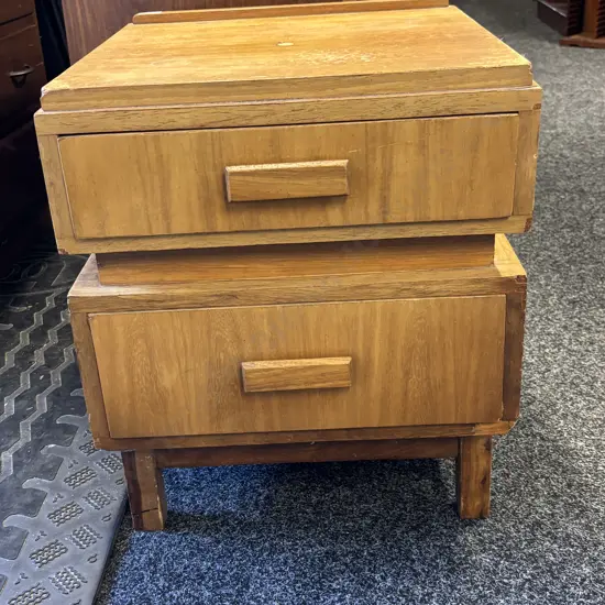 Mid Century double drawer bedside cabinet. Block handles. H53cm W46cm D48cm