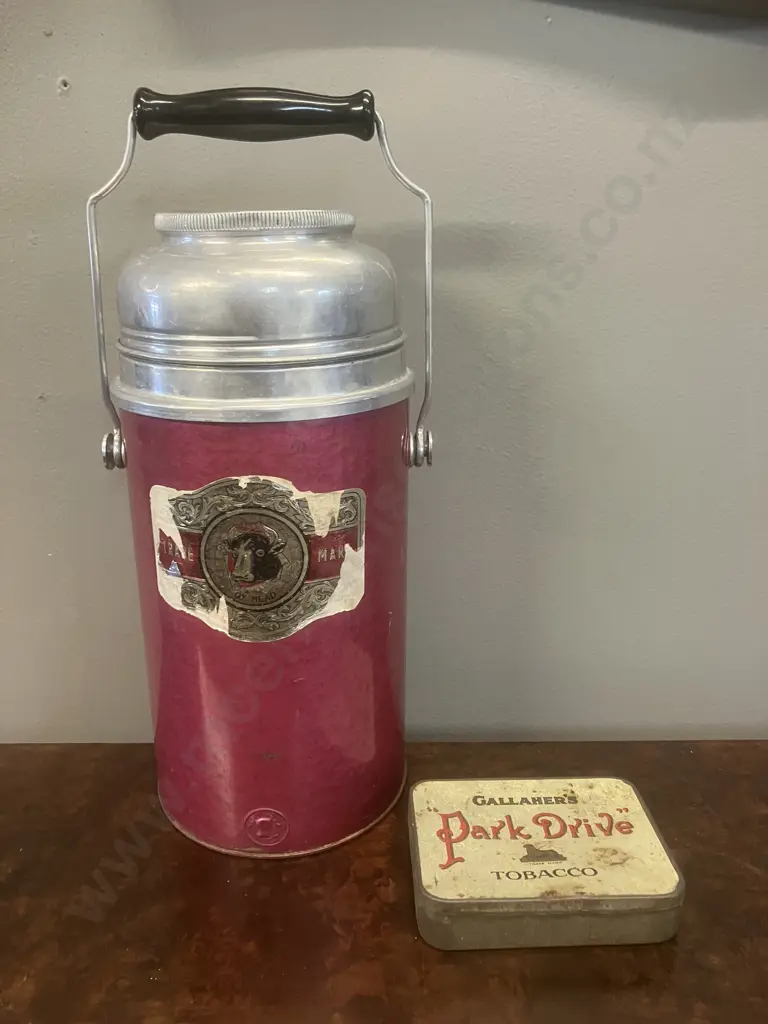 Gallaher's "Park Drive" Tobacco Tin & "Ox Head" Vintage Thermos Image 1++