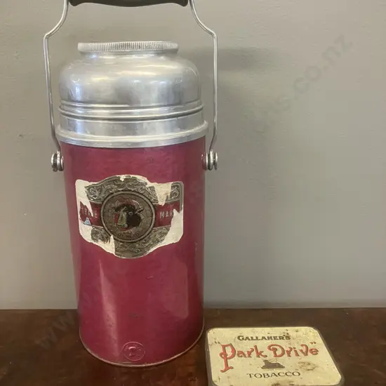 Gallaher's "Park Drive" Tobacco Tin & "Ox Head" Vintage Thermos