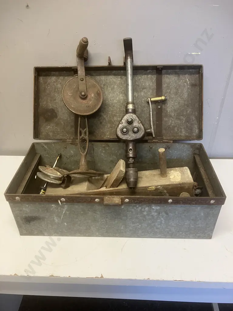 Vintage Hand Drills, Assorted Tools In Steel Toolbox Image 1++