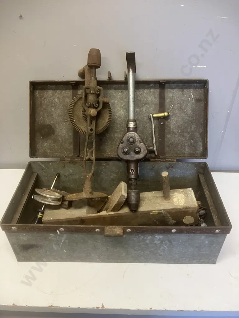 Vintage Hand Drills, Assorted Tools In Steel Toolbox Image 1++