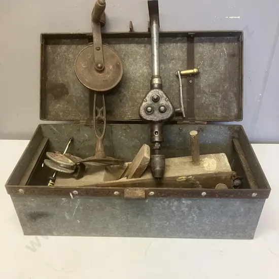 Vintage Hand Drills, Assorted Tools In Steel Toolbox