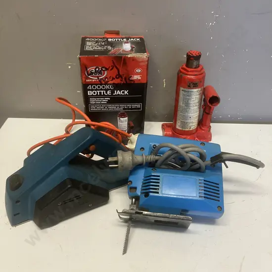 Black & Decker Electric Planer, Blue Drill, Bottle Jack Missing Handle