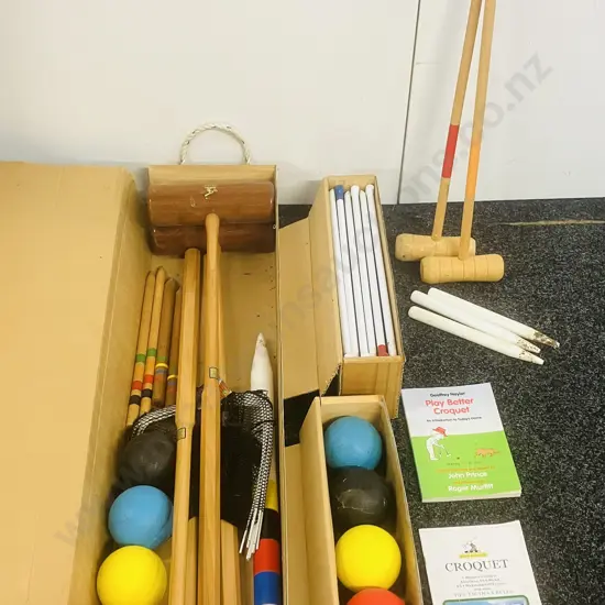 Wood Mallets New Zealand Made Garden Croquet Set (4 Player) Instruction Books Etc, & Pair of Smaller Wood Mallets