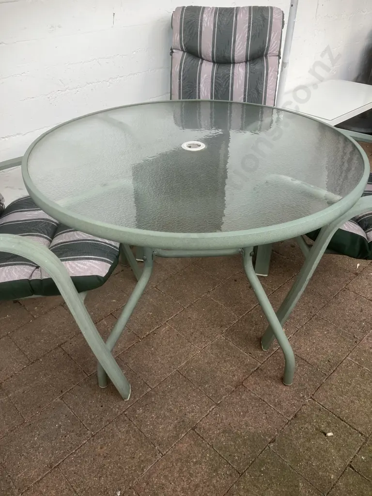 Outdoor Green Round Glass Topped table (70 x 100cm) With Four Chairs With Squabs Image 1++