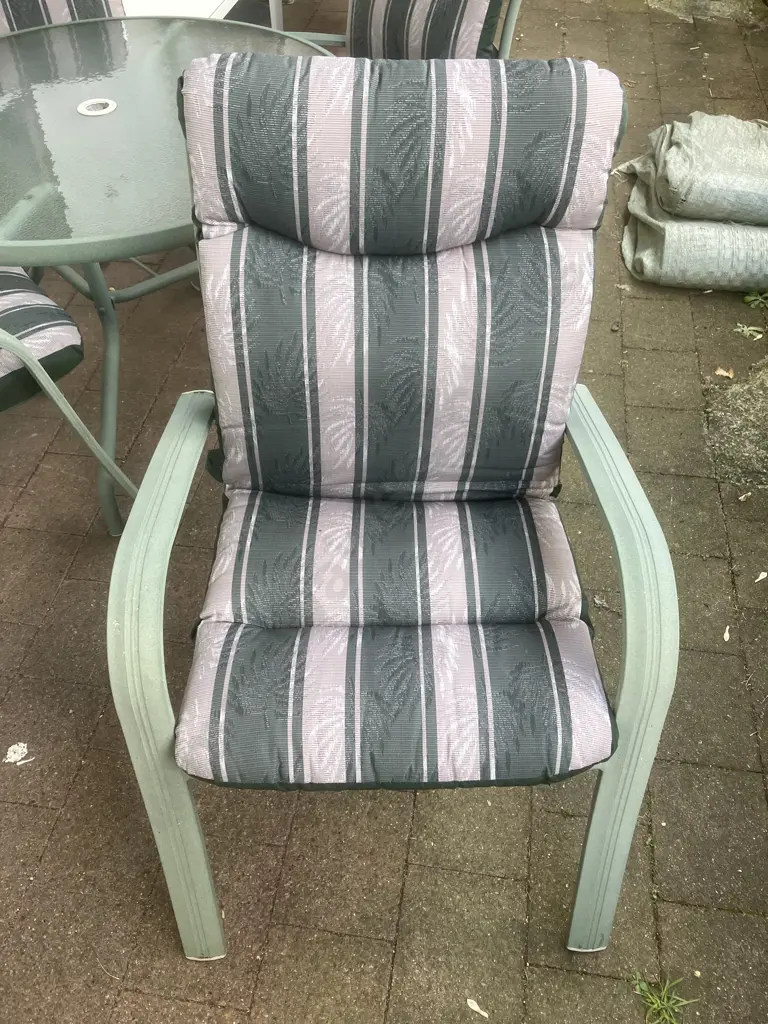 Outdoor Green Round Glass Topped table (70 x 100cm) With Four Chairs With Squabs Image 1++
