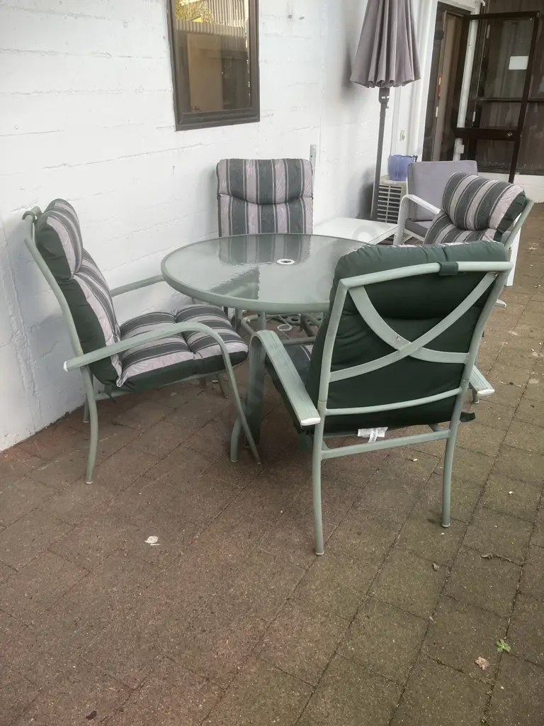 Outdoor Green Round Glass Topped table (70 x 100cm) With Four Chairs With Squabs Image 1++