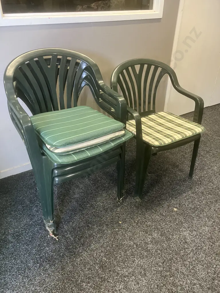 Four Green Plastic Stacking Chairs With Seat Cushions & Cover Image 1++