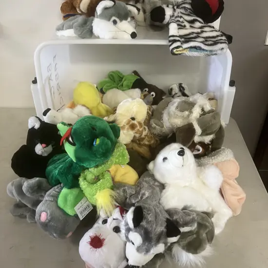 Clear Bin With Assorted Hand Puppets