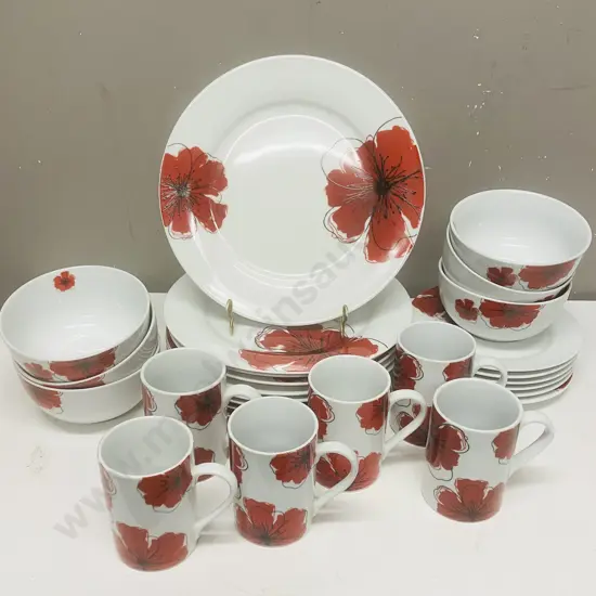 27 Piece Harrison & Lane Dinnerware With a Red Poppy Pattern