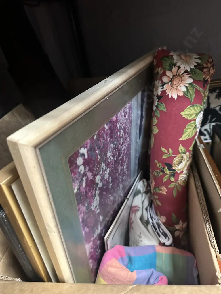 Box of Assorted Artworks and vintage linen Image 1++