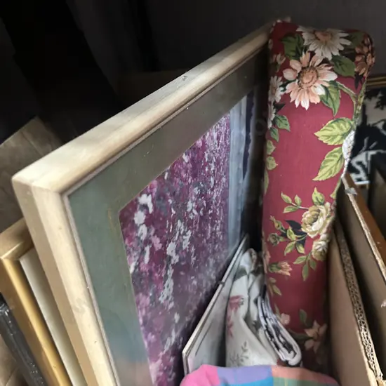 Box of Assorted Artworks and vintage linen