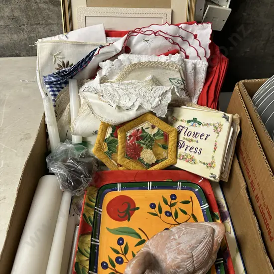 Box Lot Of Vintage Items Including Linen, Crockery Etc