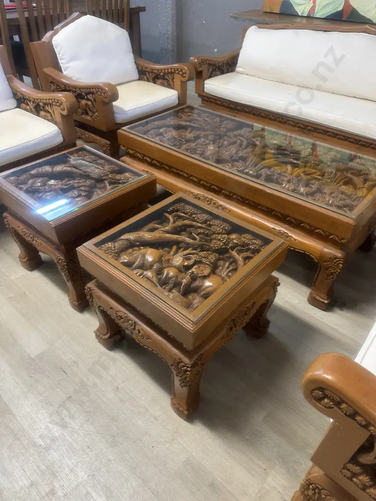 Vintage Thai Hand Carved Teak Elephant Design  Lounge Suite With Coffee Table & Pair Of Side Tables Image 1++
